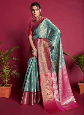 Woven Work Rose Pink and Turquoise Designer Contemporary Saree