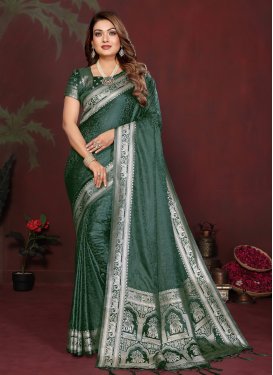 Woven Work Satin Silk Classic Saree in Green for Ceremonial