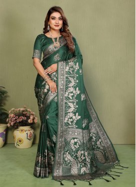 Woven Work Satin Silk Classic Saree in Green for Women