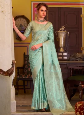 Woven Work Satin Silk Classic Saree in Turquoise for Ceremonial