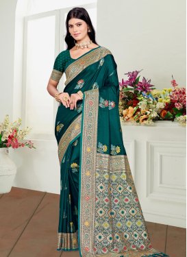 Woven Work Satin Silk Traditional Saree in Teal for Women
