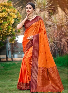 Woven Work Silk Blend Classic Saree in Maroon and Orange for Festival