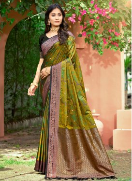 Woven Work Silk Blend Classic Saree in Olive for Women