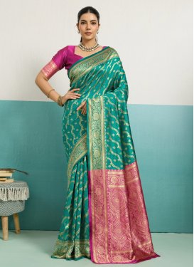 Woven Work Silk Blend Classic Saree in Rose Pink and Sea Green for Casual