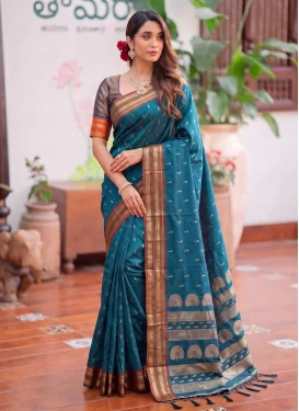 Woven Work Silk Blend Classic Saree in Teal for Women