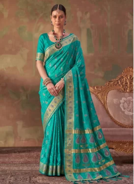 Woven Work Silk Blend Traditional Saree in Aqua Blue for Women