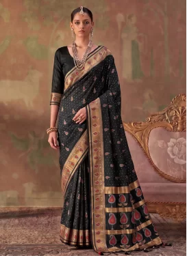 Woven Work Silk Blend Traditional Saree in Black for Festival