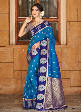 Woven Work Silk Blend Traditional Saree in Blue and Navy Blue for Festival