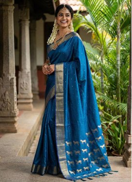 Woven Work Silk Blend Traditional Saree in Blue for Festival