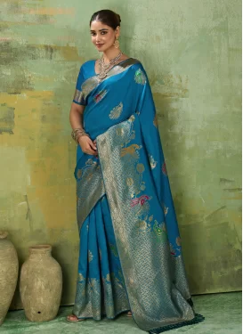 Woven Work Silk Blend Traditional Saree in Blue for Women