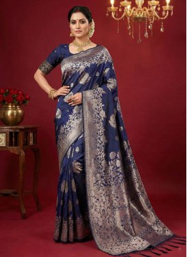 Woven Work Silk Blend Traditional Saree in Navy Blue for Women