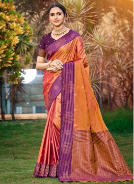 Woven Work Silk Blend Traditional Saree in Orange and Purple for Festival