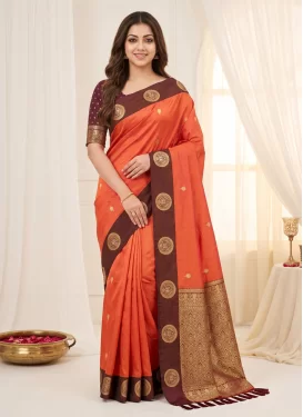 Woven Work Silk Blend Traditional Saree in Orange and Wine for Women