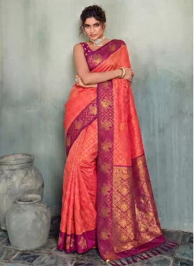 Woven Work Silk Blend Traditional Saree in Purple and Salmon for Women