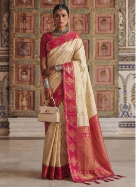 Woven Work Silk Blend Trendy Saree in Cream and Rose Pink for Women
