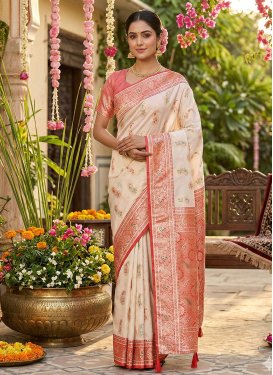 Woven Work Silk Blend Trendy Saree in Cream and Salmon for Women