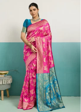 Woven Work Silk Blend Trendy Saree in Light Blue and Rose Pink for Women
