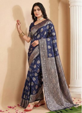 Woven Work Silk Blend Trendy Saree in Navy Blue for Casual