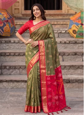 Woven Work Silk Blend Trendy Saree in Olive and Red for Women