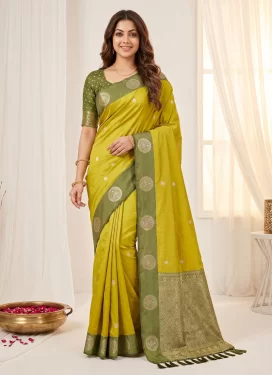Woven Work Silk Blend Trendy Saree in Olive and Yellow for Women