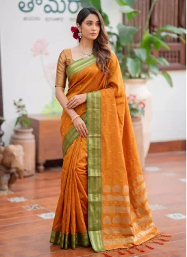 Woven Work Silk Blend Trendy Saree in Orange for Women