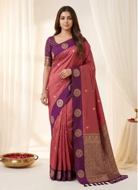 Woven Work Silk Blend Trendy Saree in Purple and Salmon for Women