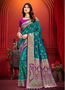 Woven Work Silk Blend Trendy Saree in Purple and Teal for Women
