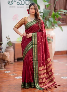 Woven Work Silk Blend Trendy Saree in Red for Women