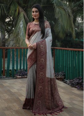 Woven Work Silver Color and Wine Designer Contemporary Style Saree