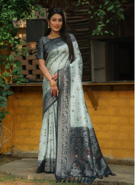 Woven Work Teal and Turquoise Designer Contemporary Style Saree