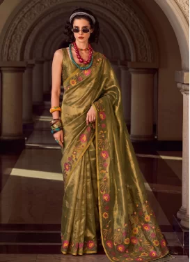 Woven Work Tissue Classic Saree in Olive for Women