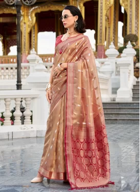 Woven Work Tissue Trendy Saree in Beige and Salmon for Ceremonial