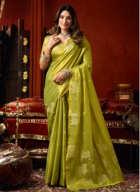 Woven Work Tissue Trendy Saree in Olive for Women