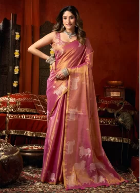 Woven Work Tissue Trendy Saree in Rose Pink for Ceremonial