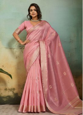 Woven Work Tissue Trendy Saree in Salmon for Women
