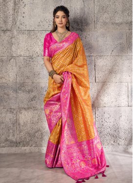 Woven Work Traditional Saree For Ceremonial in Mustard and Rose Pink