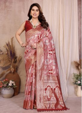 Woven Work Traditional Saree For Ceremonial in Red and Salmon