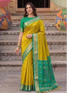 Woven Work Traditional Saree For Festival in Mustard and Sea Green