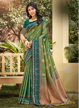 Woven Work Traditional Saree For Party in Green and Teal