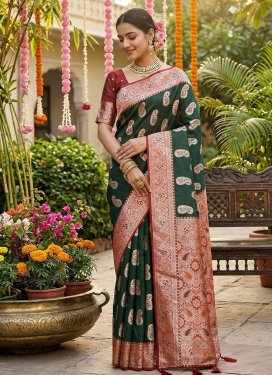 Woven Work Trendy Saree For Ceremonial in Green and Maroon