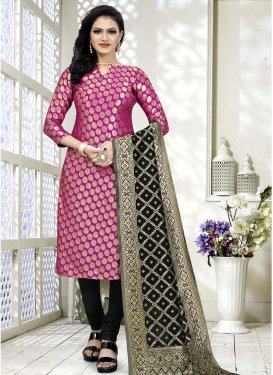 Cotton Silk Black and Rose Pink Woven Work Trendy Suit