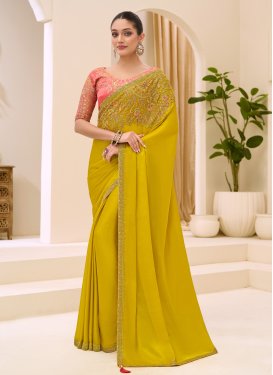 Yellow Chiffon Satin Cutdana Work Classic Saree for Women