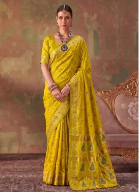 Yellow Silk Blend Woven Work Trendy Saree for Women